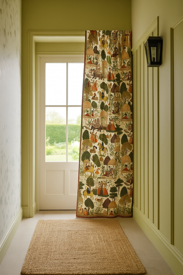 Decorative curtain with a pattern of houses and trees in a hallway with a door and rug.